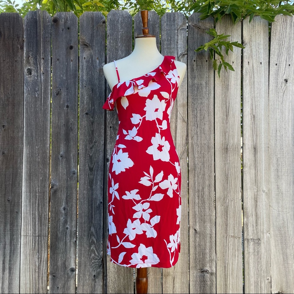 90’s red and white floral midi dress